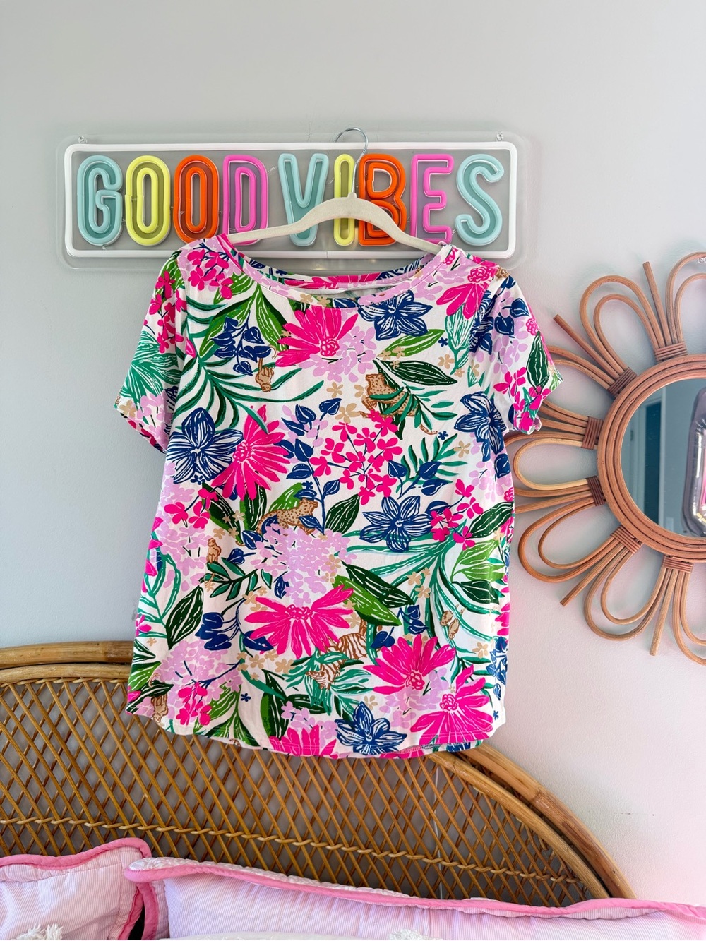 Lilly Pulitzer White Floral Short Sleeve Top with Pink & Green